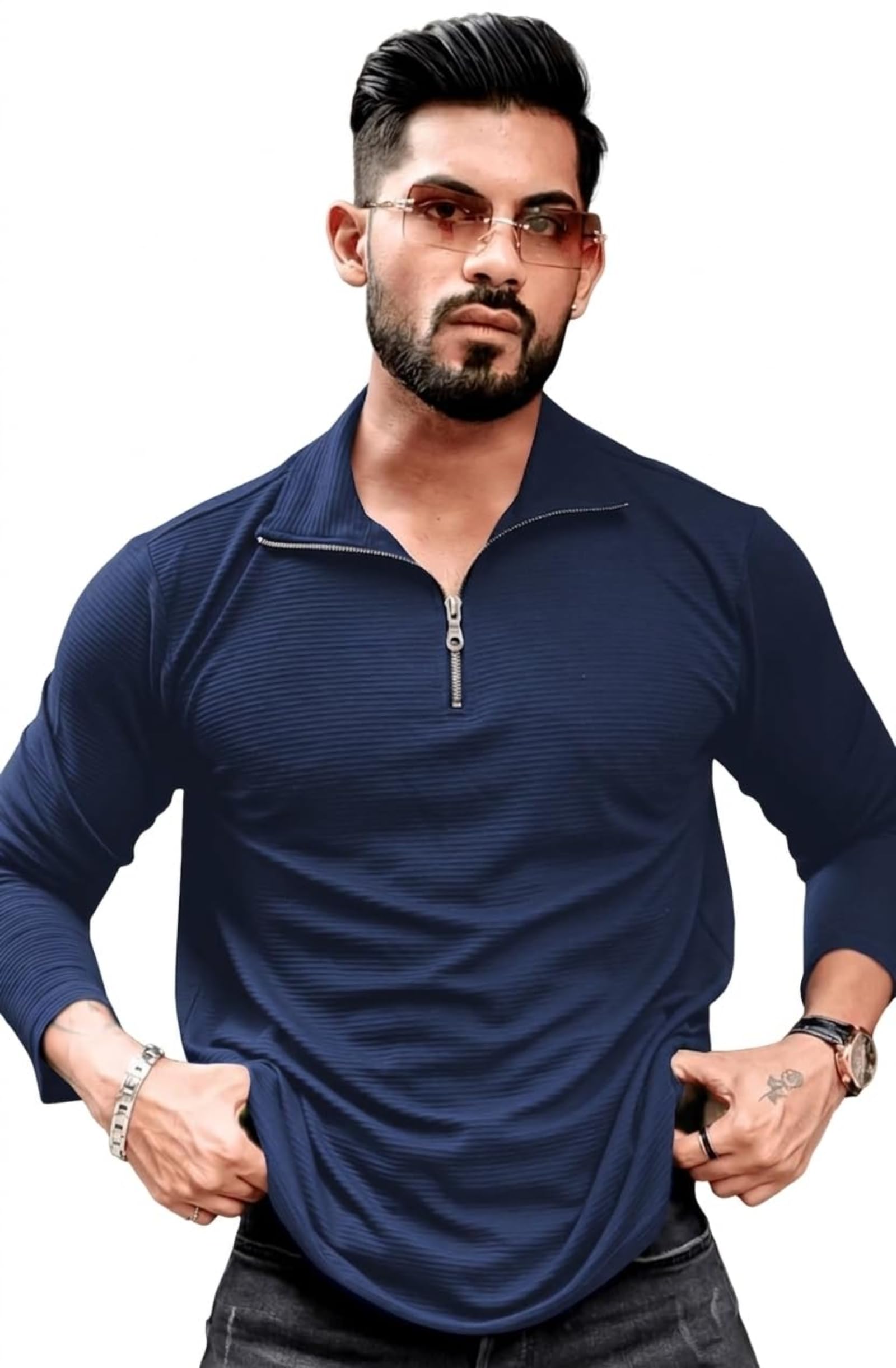 Avix Men's Black Full Sleeve Quarter Zip T-Shirt, Ribbed Texture